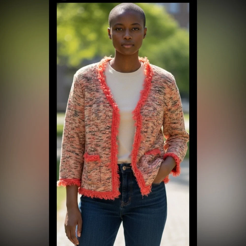 NIC & ZOE Sweater Linen Fringe Cardigan Sweater Petite Orany Red Large
